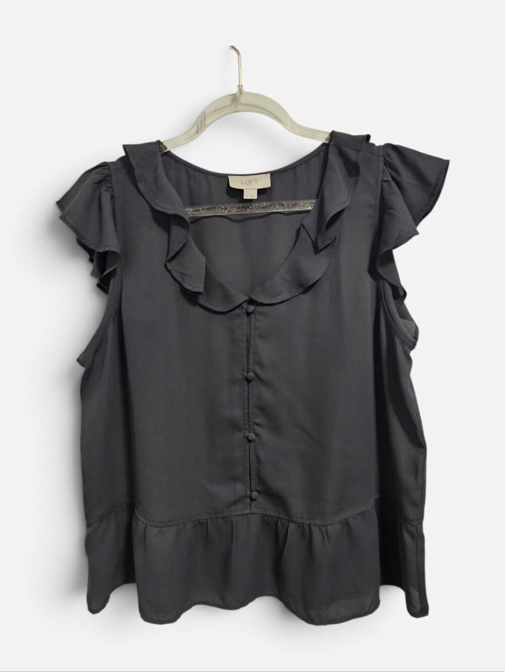 LOFT Gray Ruffle Blouse Button Front Small Peplum Hem Sleeveless Top Office Work